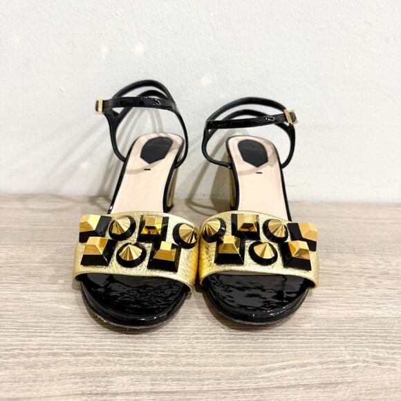 Fendi Studded Metallic & Patent Leather Heeled Sandals Black/Gold Womens EU 37.5 - Picture 2 of 6